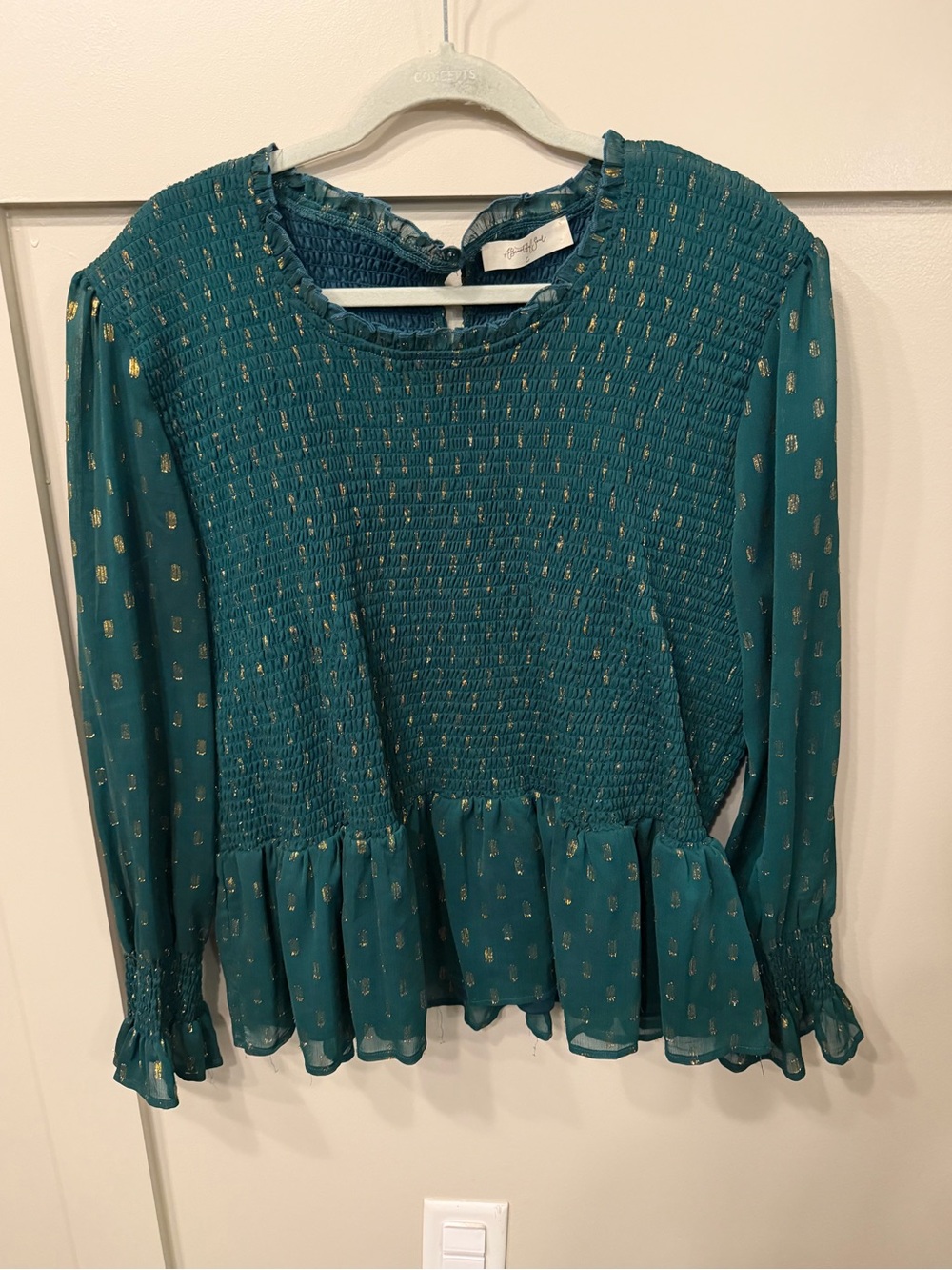 Teal Smocked Long-Sleeve Peplum Blouse